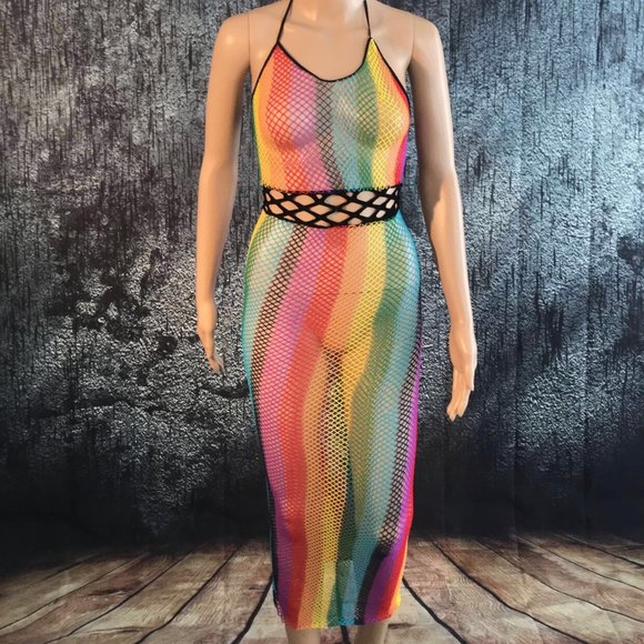 (2PC SET!) Rainbow Fishnet Stretch-Fit Dress W/Bag - Picture 4 of 7